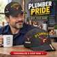 Plumber wearing the personalised cap with product close-up and shopping CTA