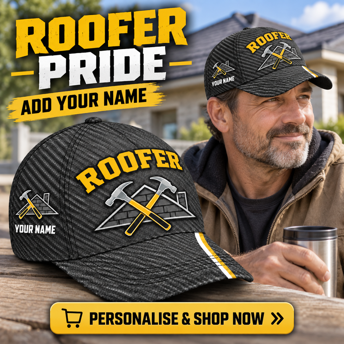 Roofer wearing the personalised cap with product close-up and shopping CTA
