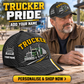 Trucker wearing the personalised cap with product close-up and shopping CTA