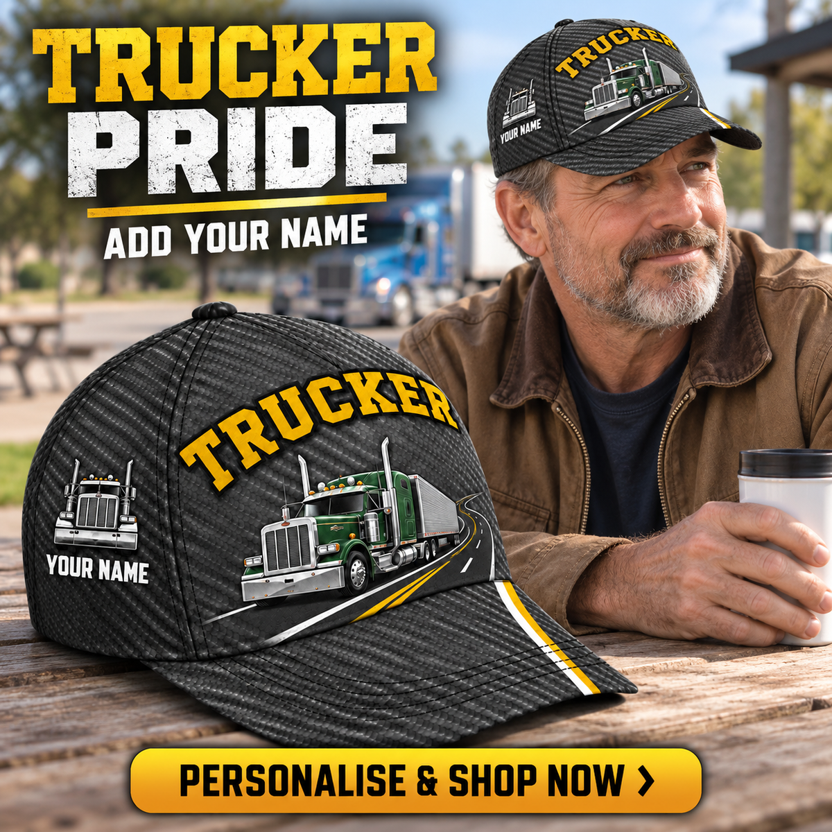 Trucker wearing the personalised cap with product close-up and shopping CTA