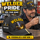 Welder wearing the personalised cap with product close-up and shopping CTA