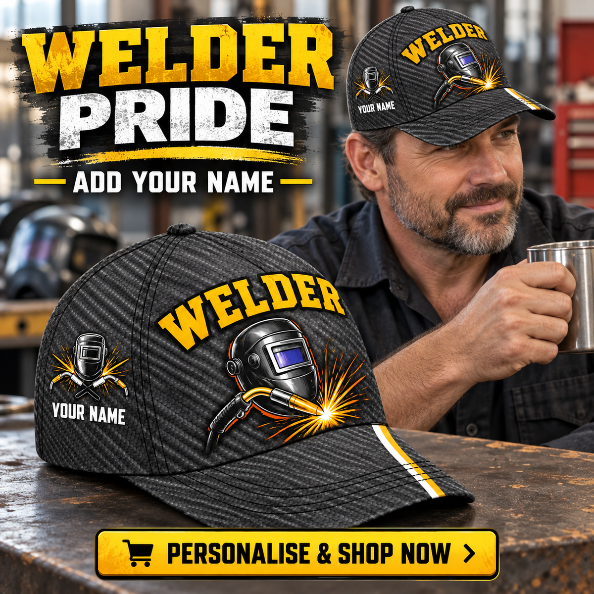 Welder wearing the personalised cap with product close-up and shopping CTA