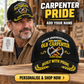 Carpenter wearing the personalised cap with product close-up and shopping CTA