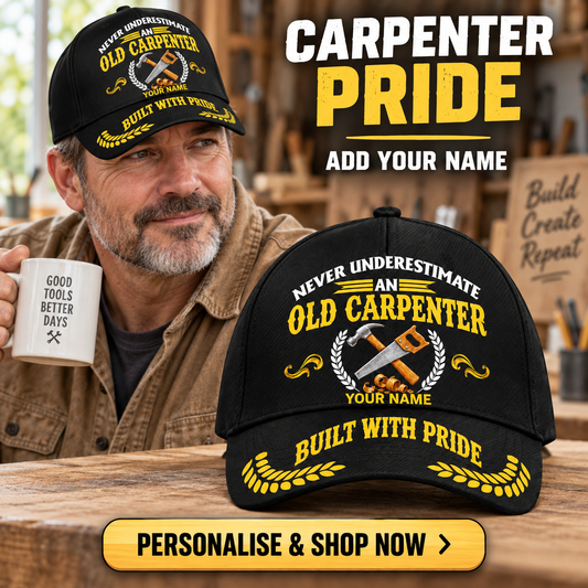 Carpenter wearing the personalised cap with product close-up and shopping CTA