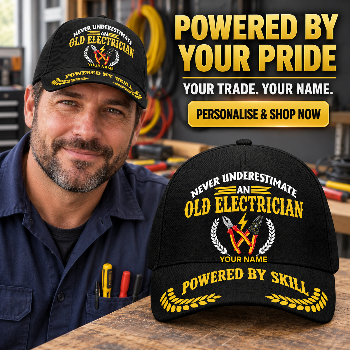 Personalized Electrician Never Underestimate Baseball Cap — personalised ad with wearer and shopping CTA