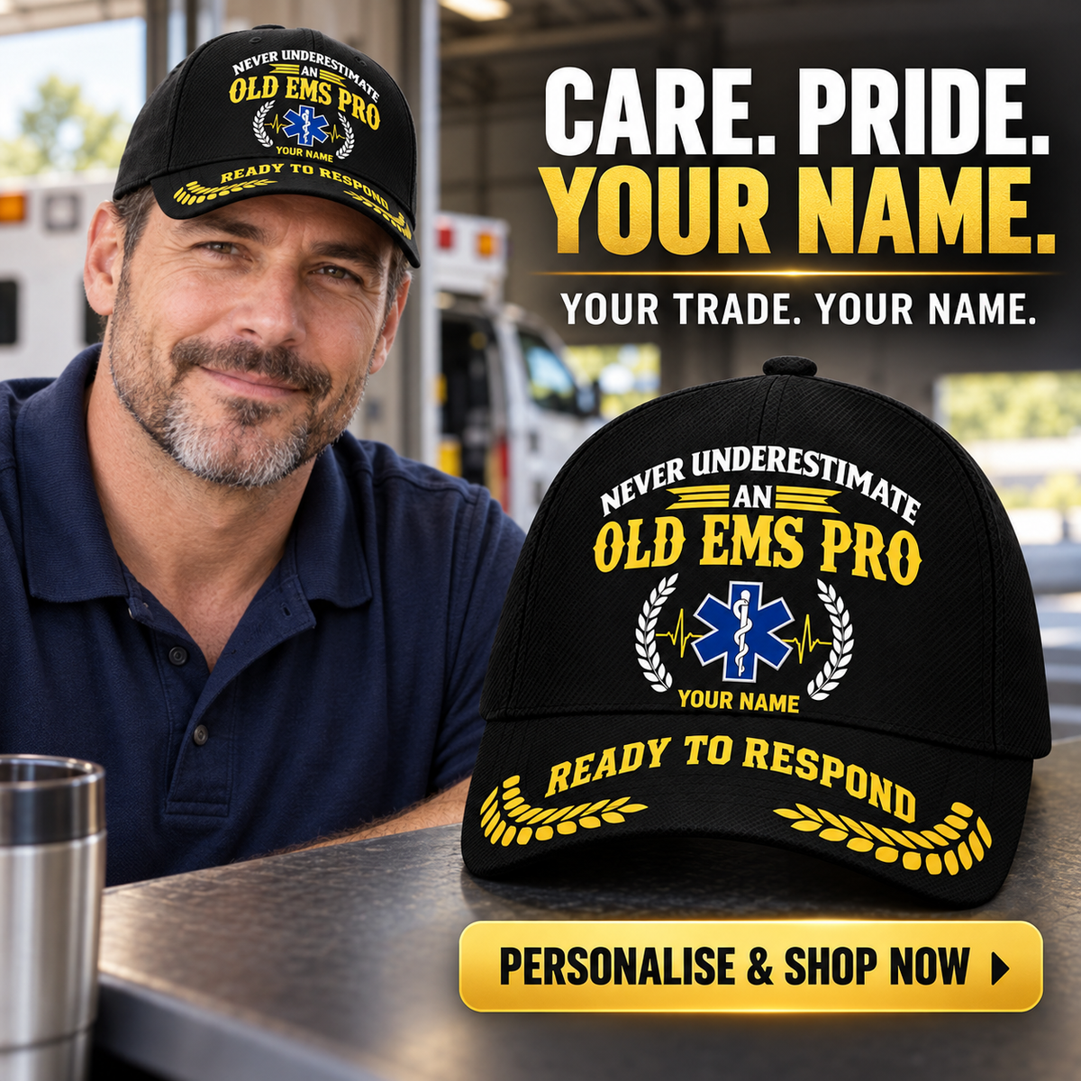 Personalized EMS Never Underestimate Baseball Cap — personalised ad with wearer and shopping CTA