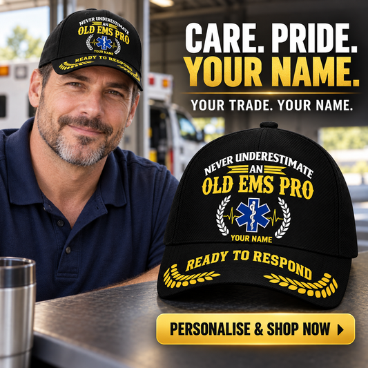 Personalized EMS Never Underestimate Baseball Cap — personalised ad with wearer and shopping CTA