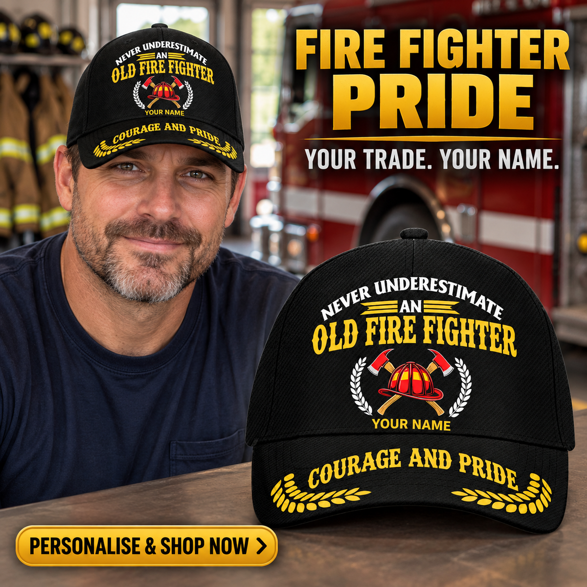 Personalized Fire Fighter Never Underestimate Baseball Cap — personalised ad with wearer and shopping CTA