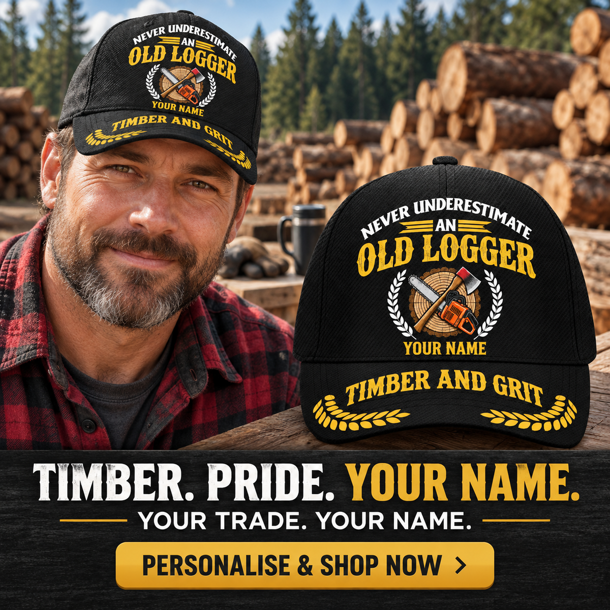 Personalized Logger Never Underestimate Baseball Cap — personalised ad with wearer and shopping CTA