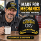 Personalized Mechanic Never Underestimate Baseball Cap lifestyle advertisement with person wearing cap and shopping CTA