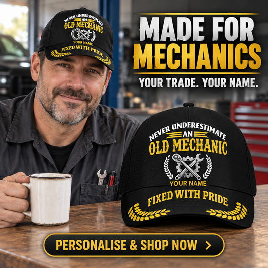 Personalized Mechanic Never Underestimate Baseball Cap lifestyle advertisement with person wearing cap and shopping CTA