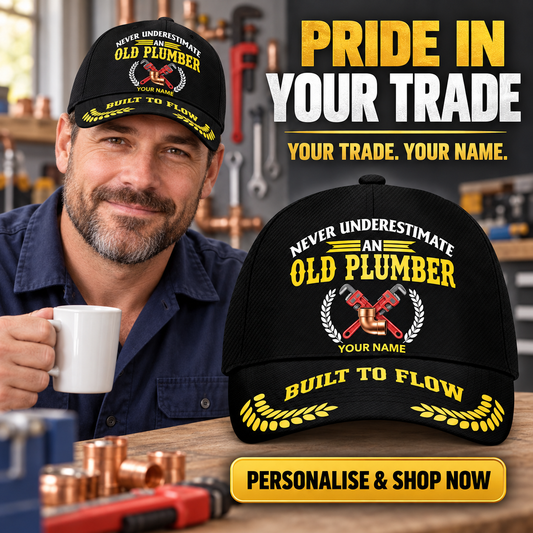 Personalized Plumber Never Underestimate Baseball Cap — personalised ad with wearer and shopping CTA