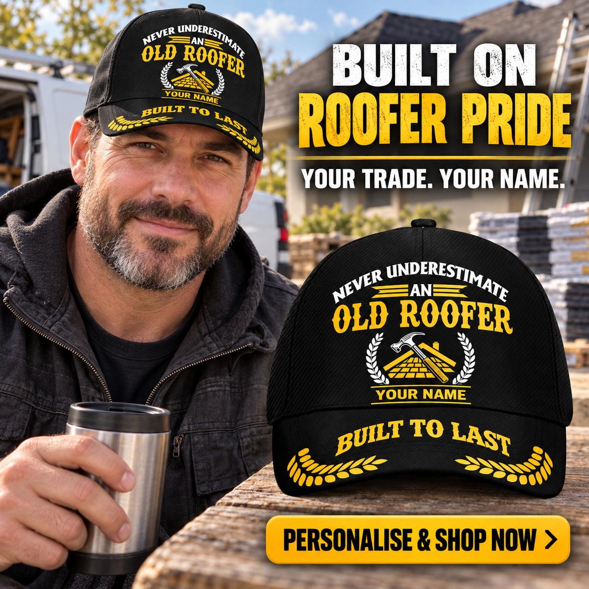 Personalized Roofer Never Underestimate Baseball Cap — personalised ad with wearer and shopping CTA