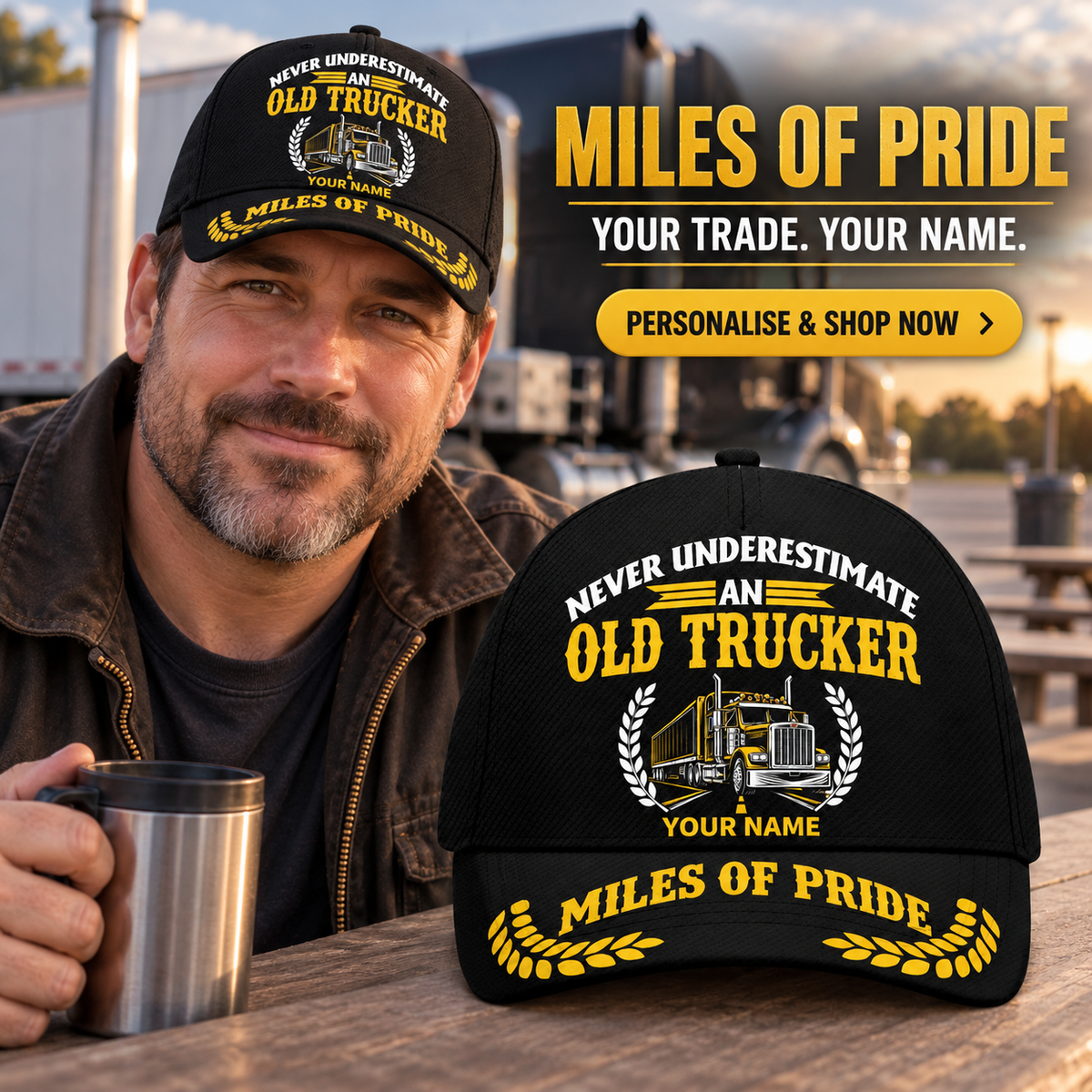 Personalized Trucker Never Underestimate Baseball Cap — personalised ad with wearer and shopping CTA