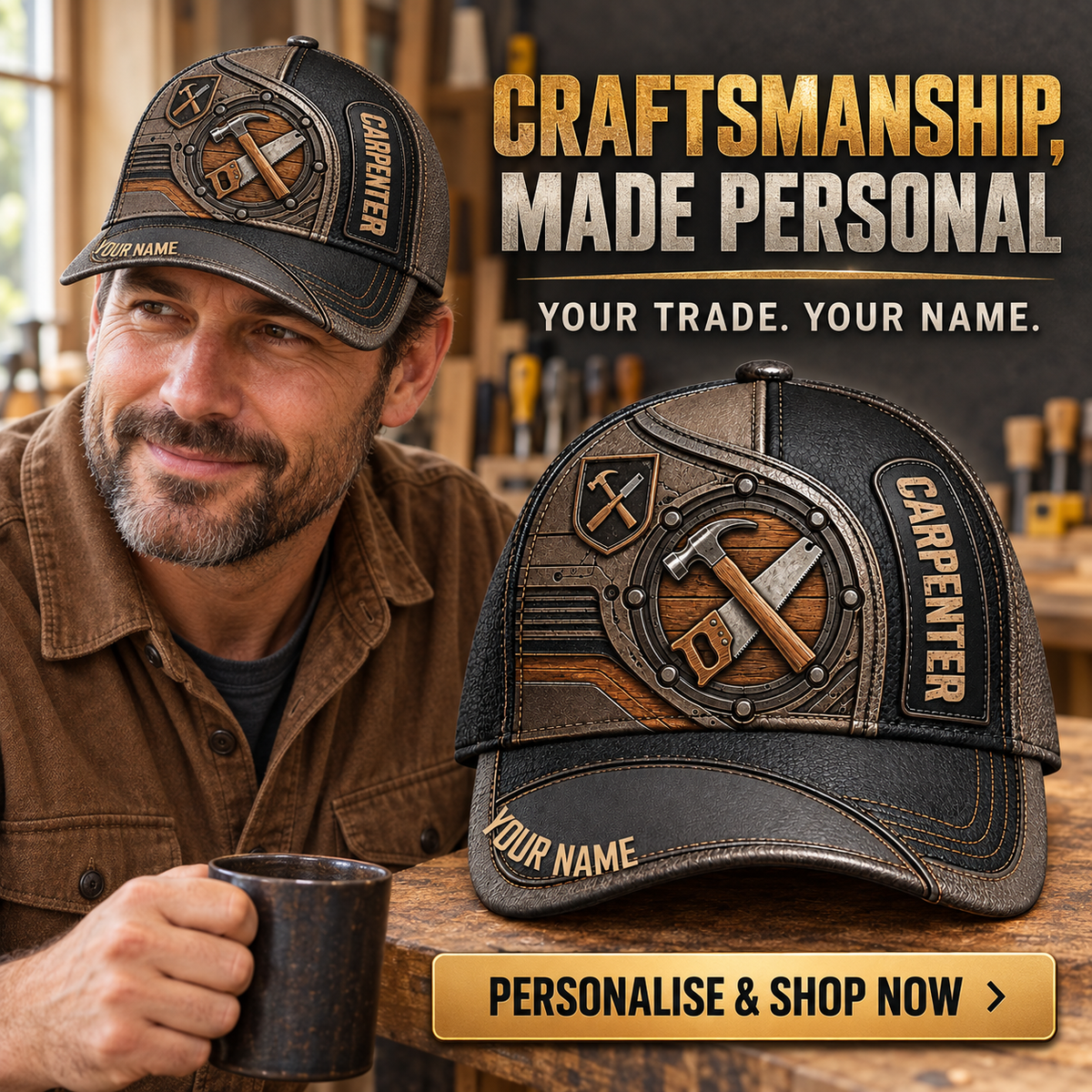 Personalized Carpenter Industrial Steel Baseball Cap lifestyle advertisement with person wearing cap and shopping CTA