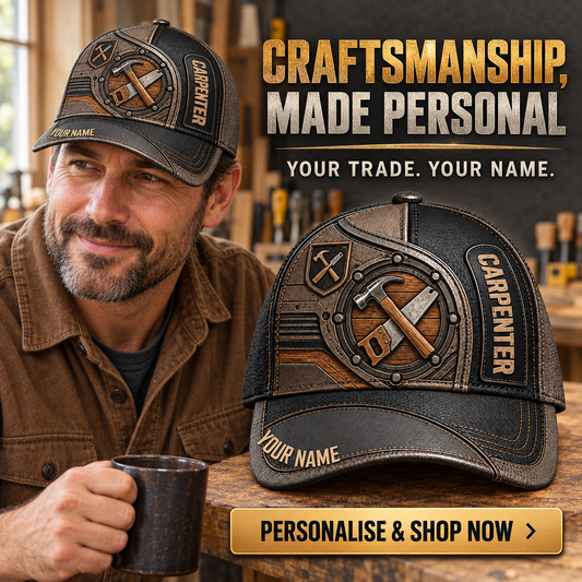 Personalized Carpenter Industrial Steel Baseball Cap lifestyle advertisement with person wearing cap and shopping CTA