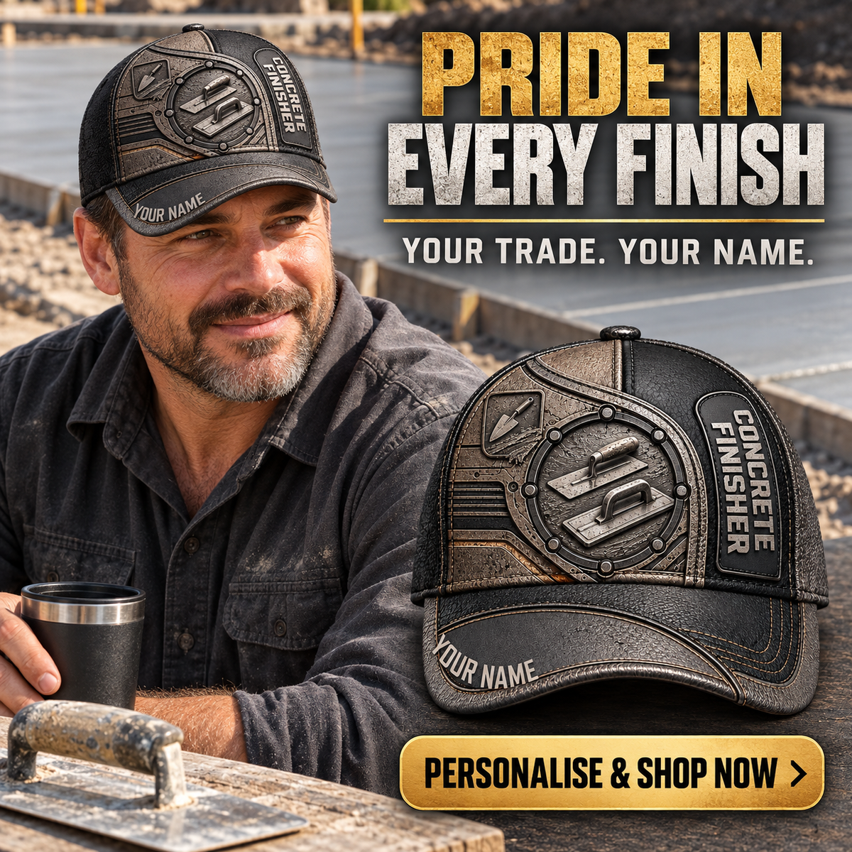 Personalized Concrete Finisher Industrial Steel Baseball Cap lifestyle advertisement with person wearing cap and shopping CTA