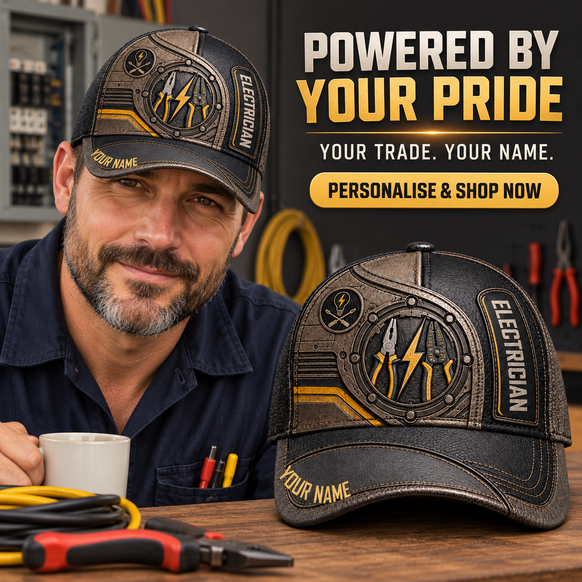 Personalized Electrician Industrial Steel Baseball Cap lifestyle advertisement with person wearing cap and shopping CTA