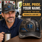 Personalized EMS Industrial Steel Baseball Cap lifestyle advertisement with person wearing cap and shopping CTA