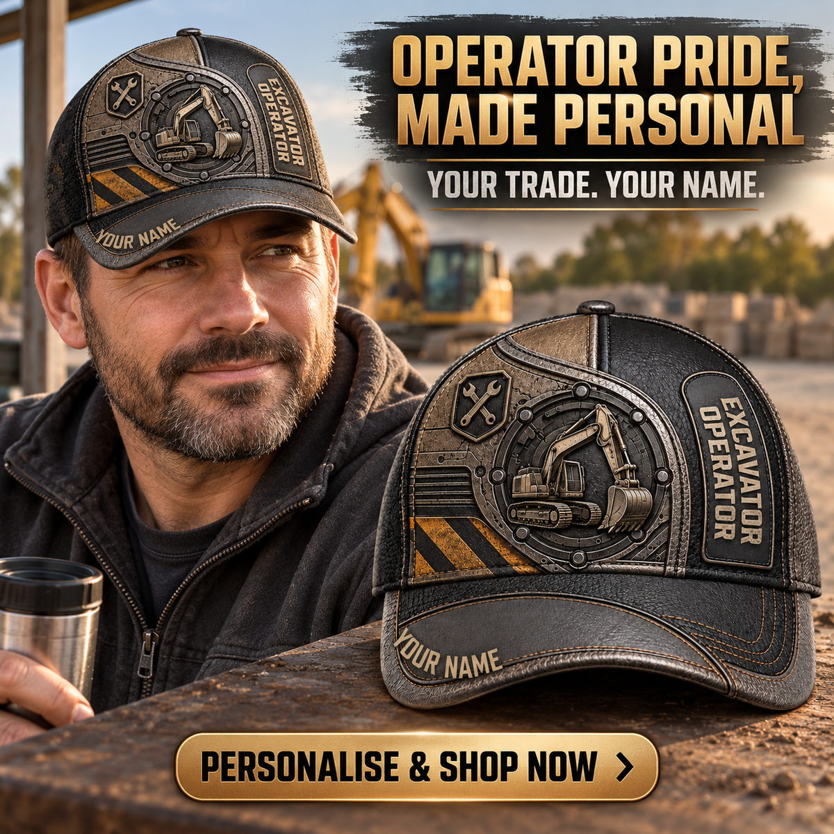 Personalized Excavator Operator Industrial Steel Baseball Cap lifestyle advertisement with person wearing cap and shopping CTA