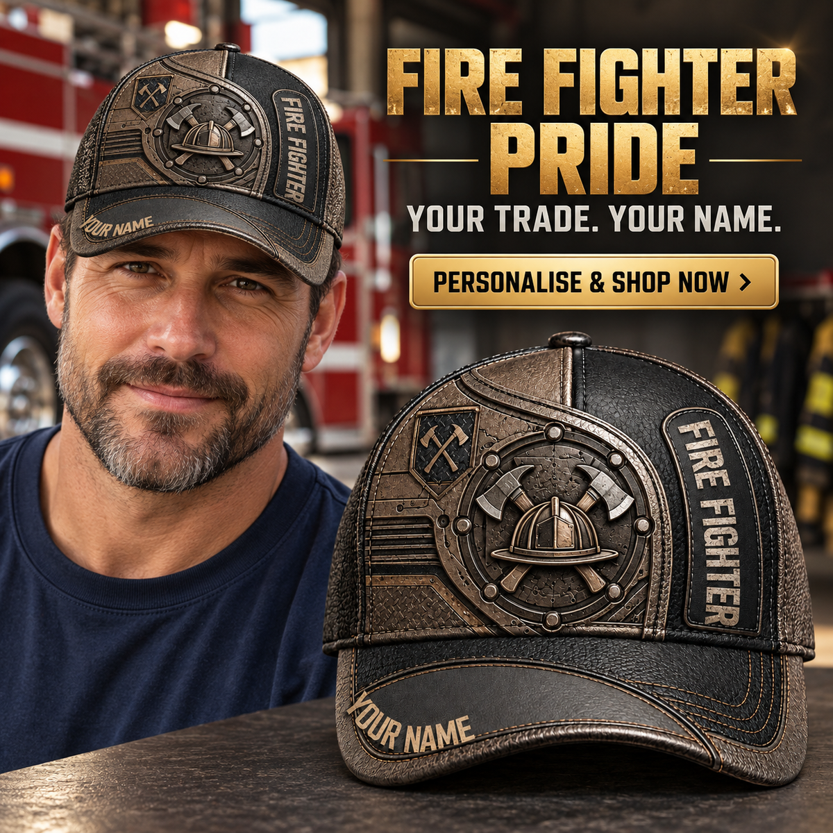 Personalized Fire Fighter Industrial Steel Baseball Cap lifestyle advertisement with person wearing cap and shopping CTA