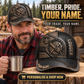 Personalized Logger Industrial Steel Baseball Cap lifestyle advertisement with person wearing cap and shopping CTA