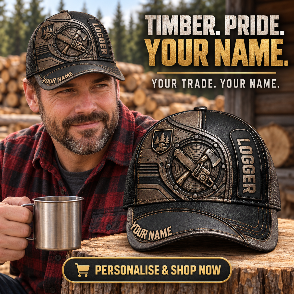 Personalized Logger Industrial Steel Baseball Cap lifestyle advertisement with person wearing cap and shopping CTA
