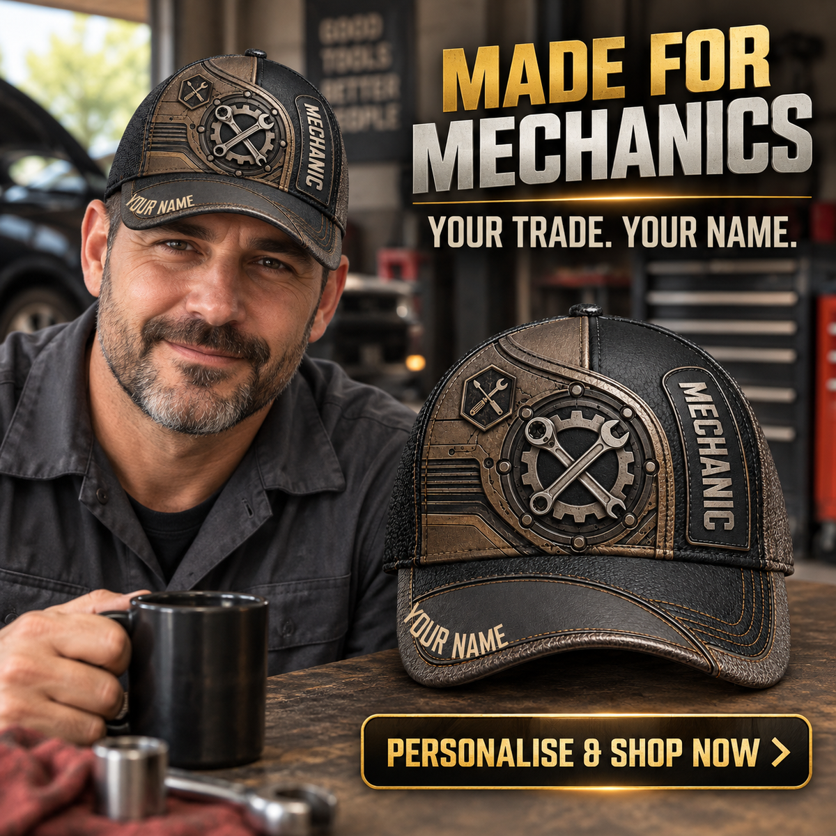 Personalized Mechanic Industrial Steel Baseball Cap lifestyle advertisement with person wearing cap and shopping CTA