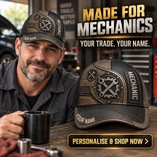 Personalized Mechanic Industrial Steel Baseball Cap lifestyle advertisement with person wearing cap and shopping CTA