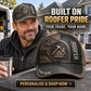 Personalized Roofer Industrial Steel Baseball Cap lifestyle advertisement with person wearing cap and shopping CTA