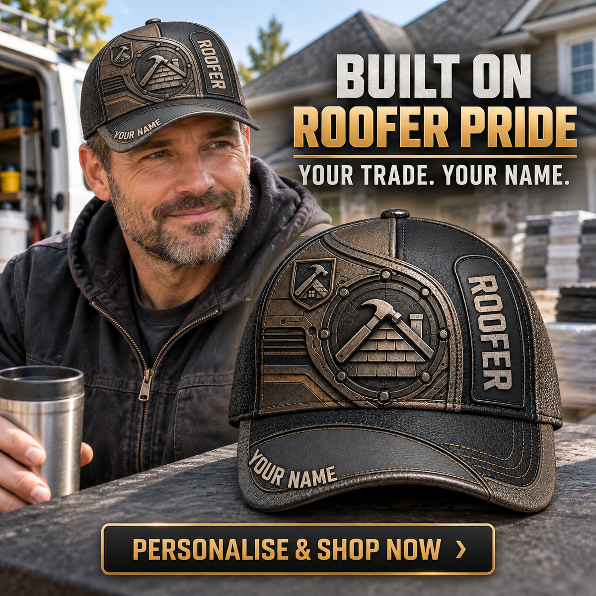 Personalized Roofer Industrial Steel Baseball Cap lifestyle advertisement with person wearing cap and shopping CTA