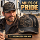 Personalized Trucker Industrial Steel Baseball Cap lifestyle advertisement with person wearing cap and shopping CTA