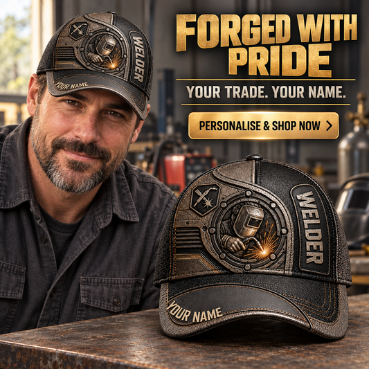 Personalized Welder Industrial Steel Baseball Cap lifestyle advertisement with person wearing cap and shopping CTA