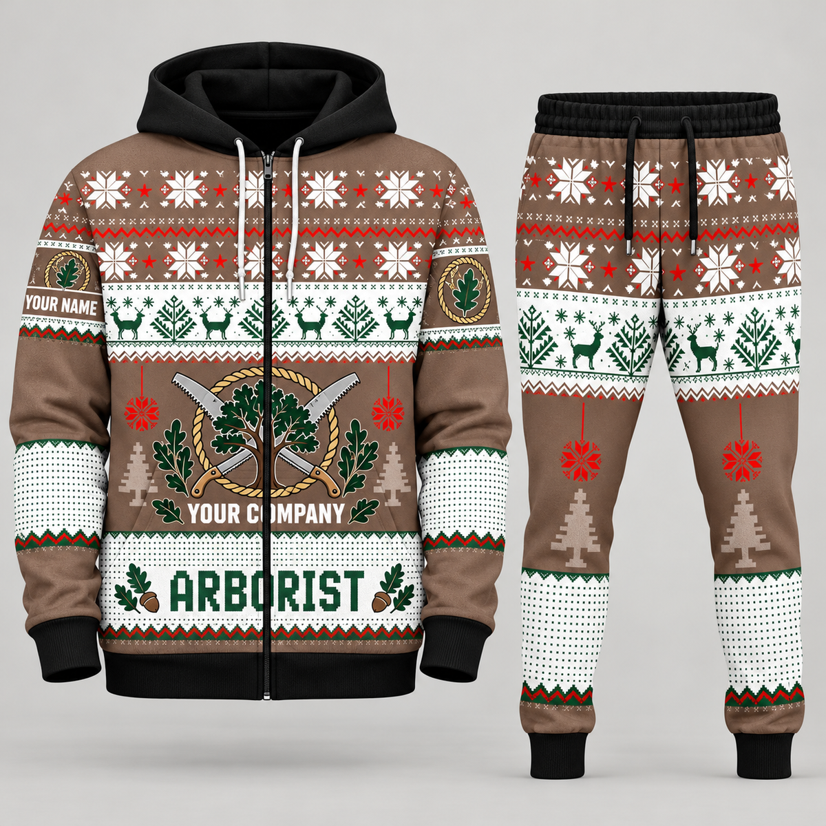 Arborist Christmas zip hoodie and jogger brown with custom name and company