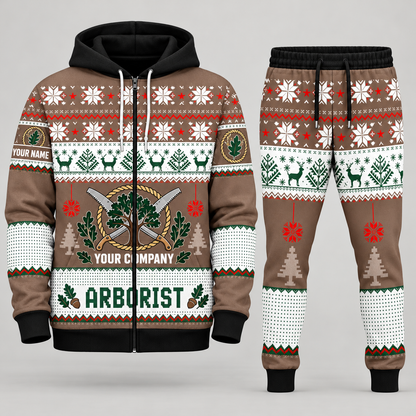 Arborist Christmas zip hoodie and jogger brown with custom name and company