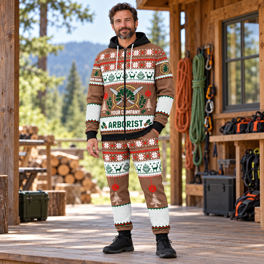 Arborist Christmas zip hoodie and jogger hero with custom name and company