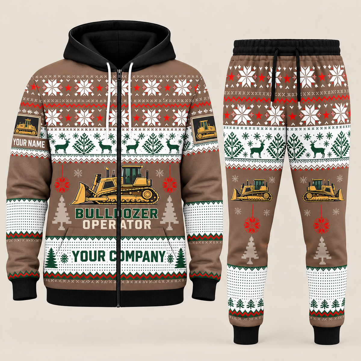 Bulldozer Operator Christmas zip hoodie and jogger brown with custom name and company