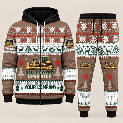 Bulldozer Operator Christmas zip hoodie and jogger brown with custom name and company