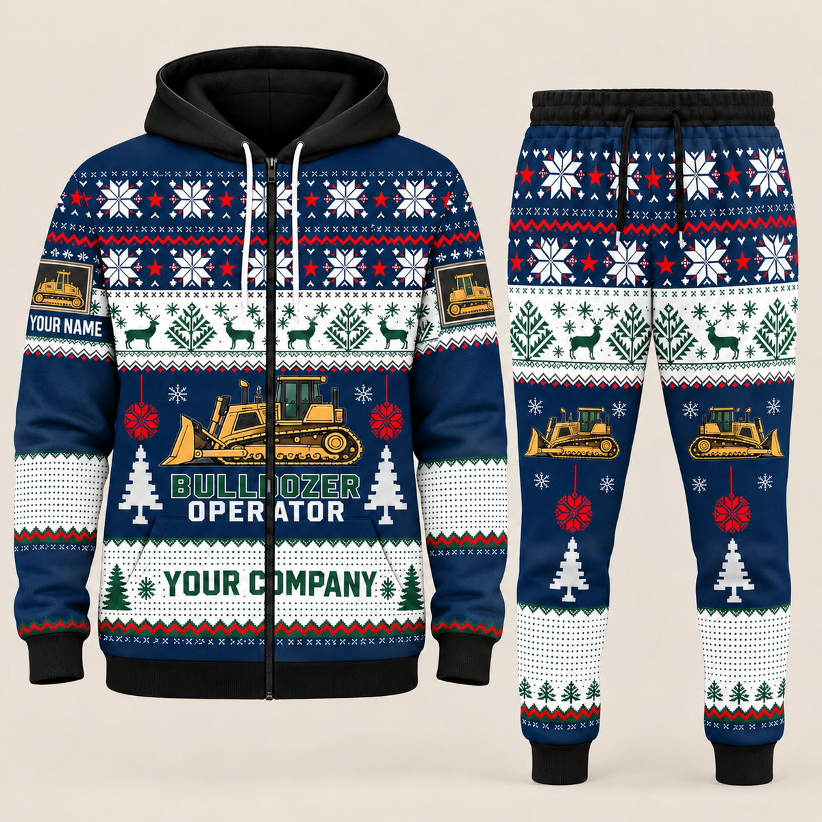 Bulldozer Operator Christmas zip hoodie and jogger navy with custom name and company