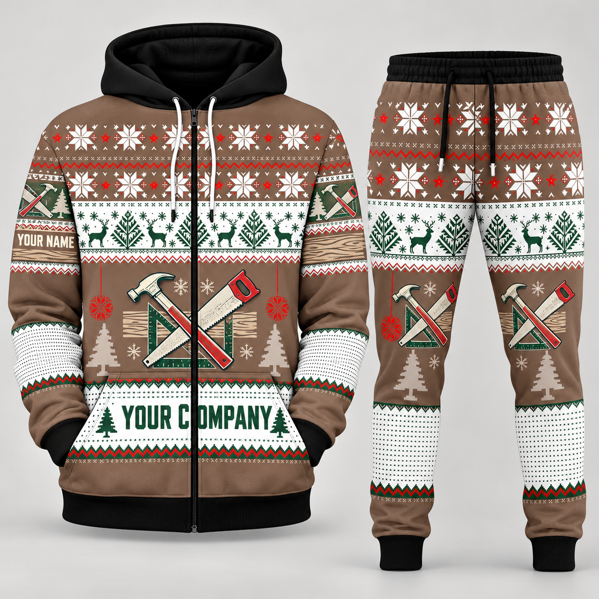 Carpenter Christmas zip hoodie and jogger brown with custom name and company