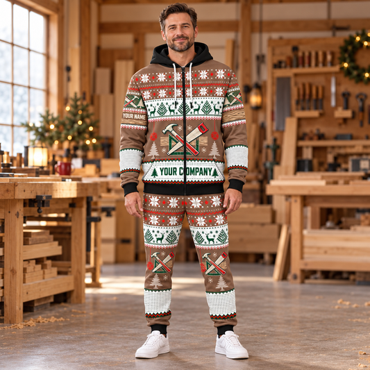 Carpenter Christmas zip hoodie and jogger hero with custom name and company