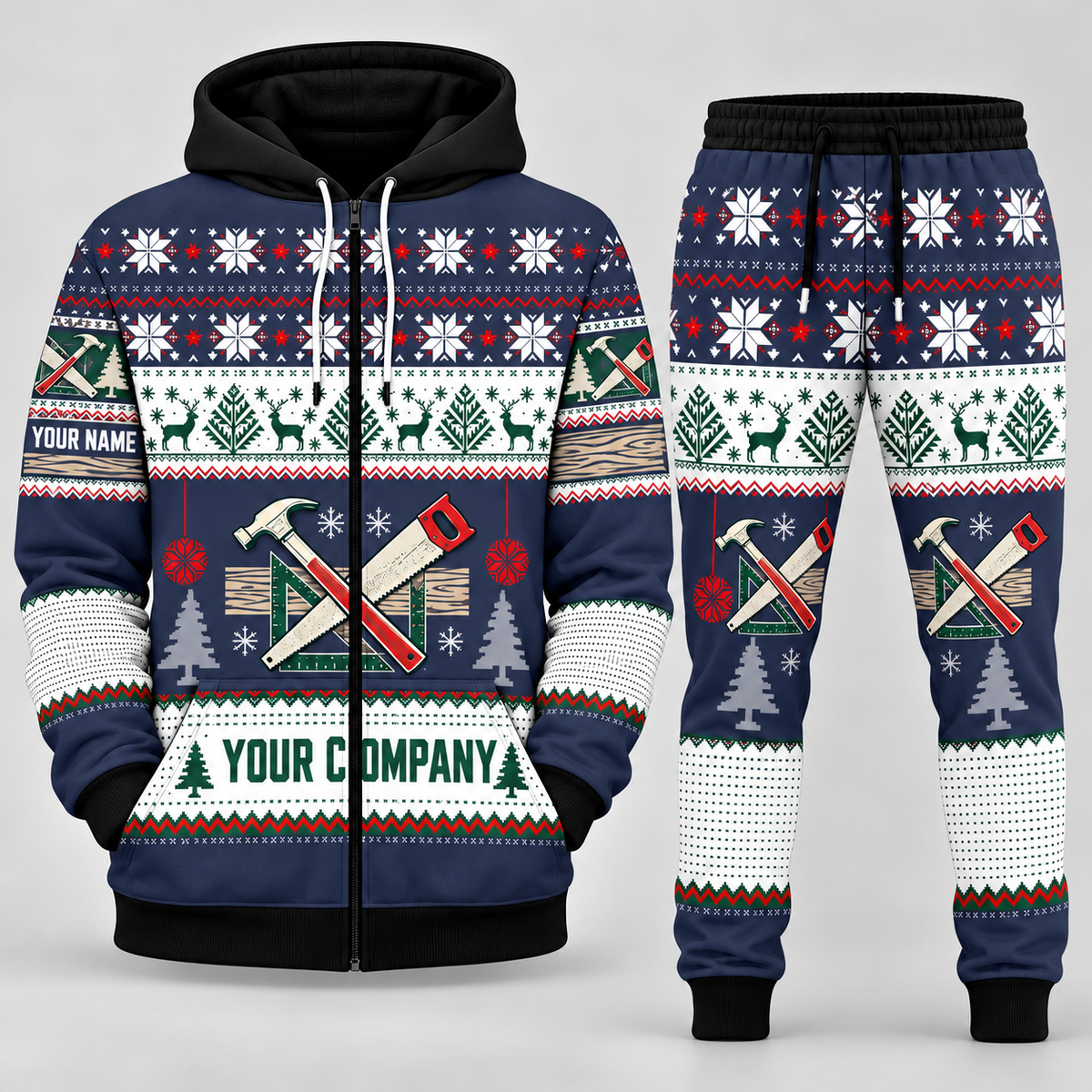 Carpenter Christmas zip hoodie and jogger navy with custom name and company