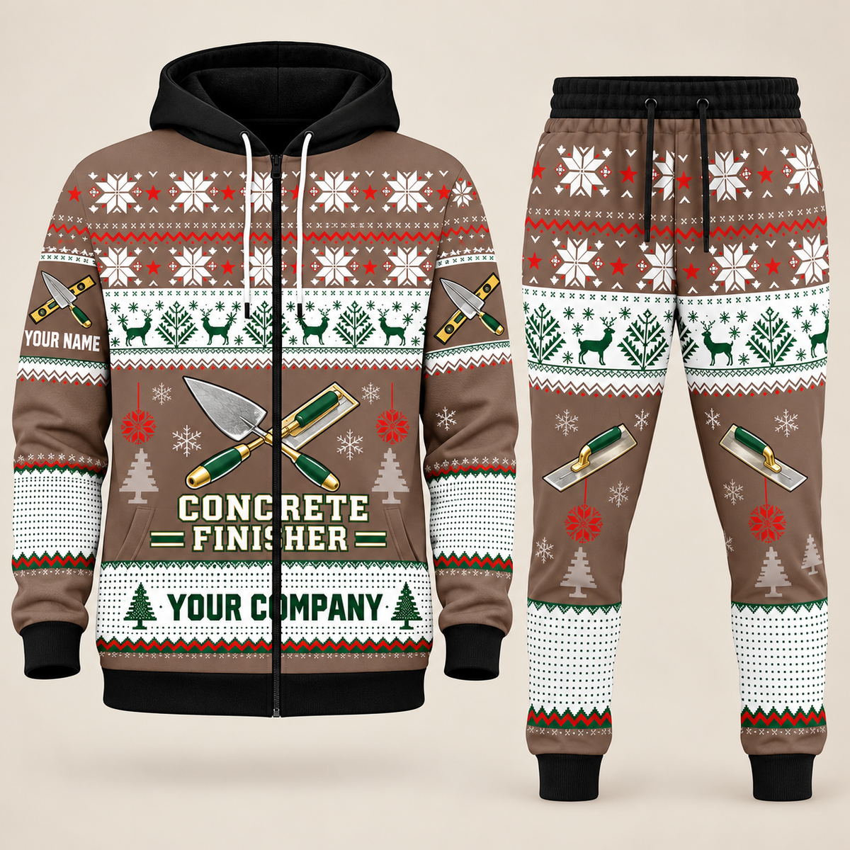 Concrete Finisher Christmas zip hoodie and jogger brown with custom name and company