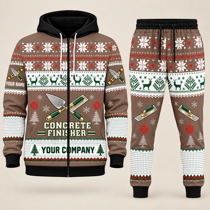 Concrete Finisher Christmas zip hoodie and jogger brown with custom name and company