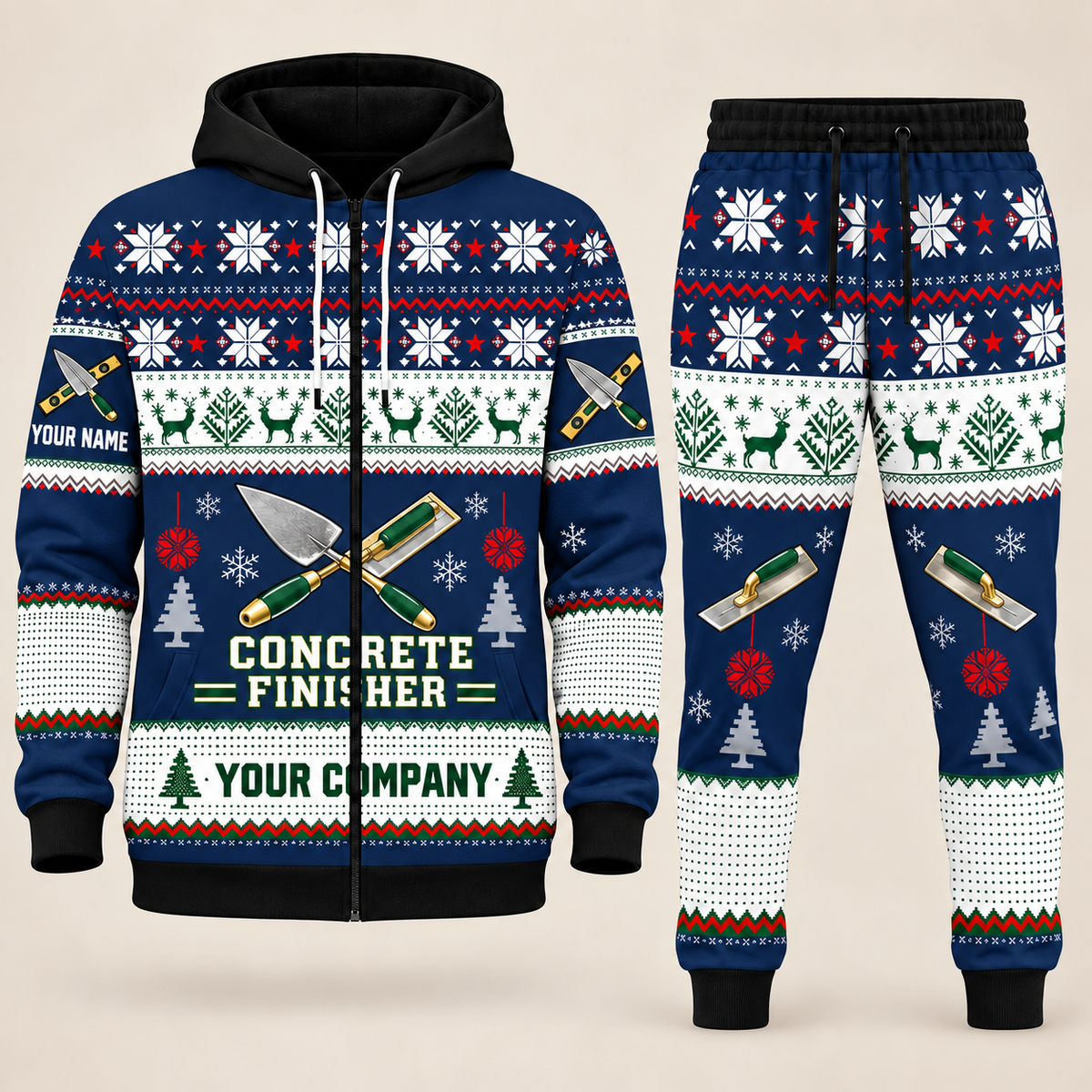 Concrete Finisher Christmas zip hoodie and jogger navy with custom name and company