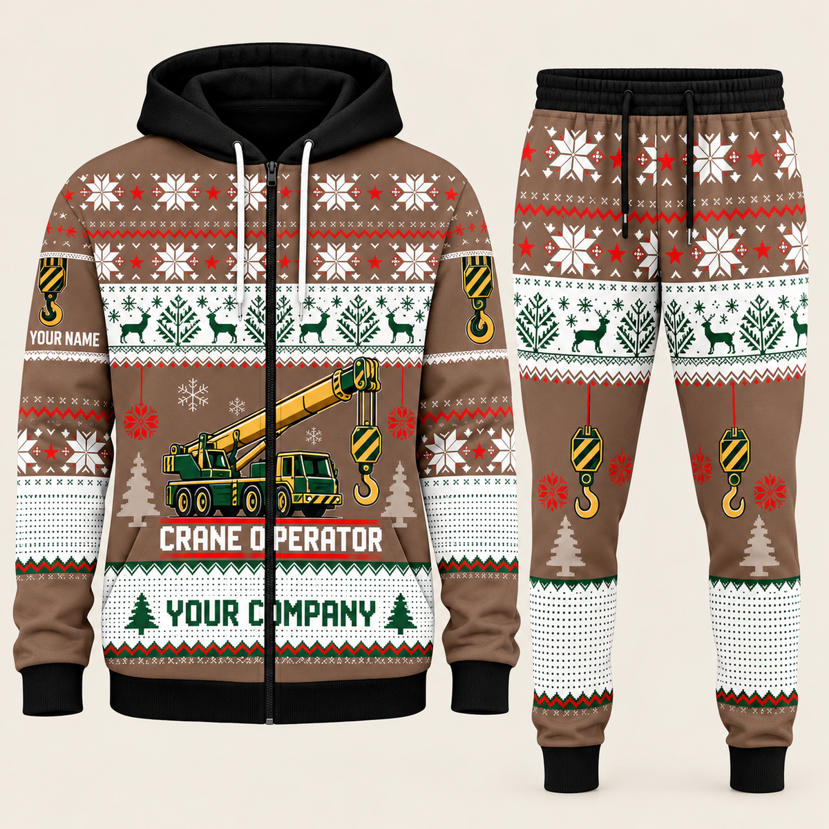 Crane Operator Christmas zip hoodie and jogger brown with custom name and company