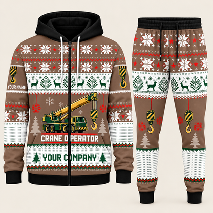 Crane Operator Christmas zip hoodie and jogger brown with custom name and company