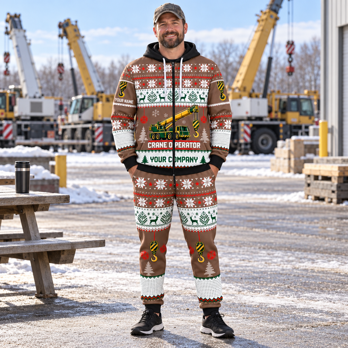 Crane Operator Christmas zip hoodie and jogger lifestyle with custom name and company