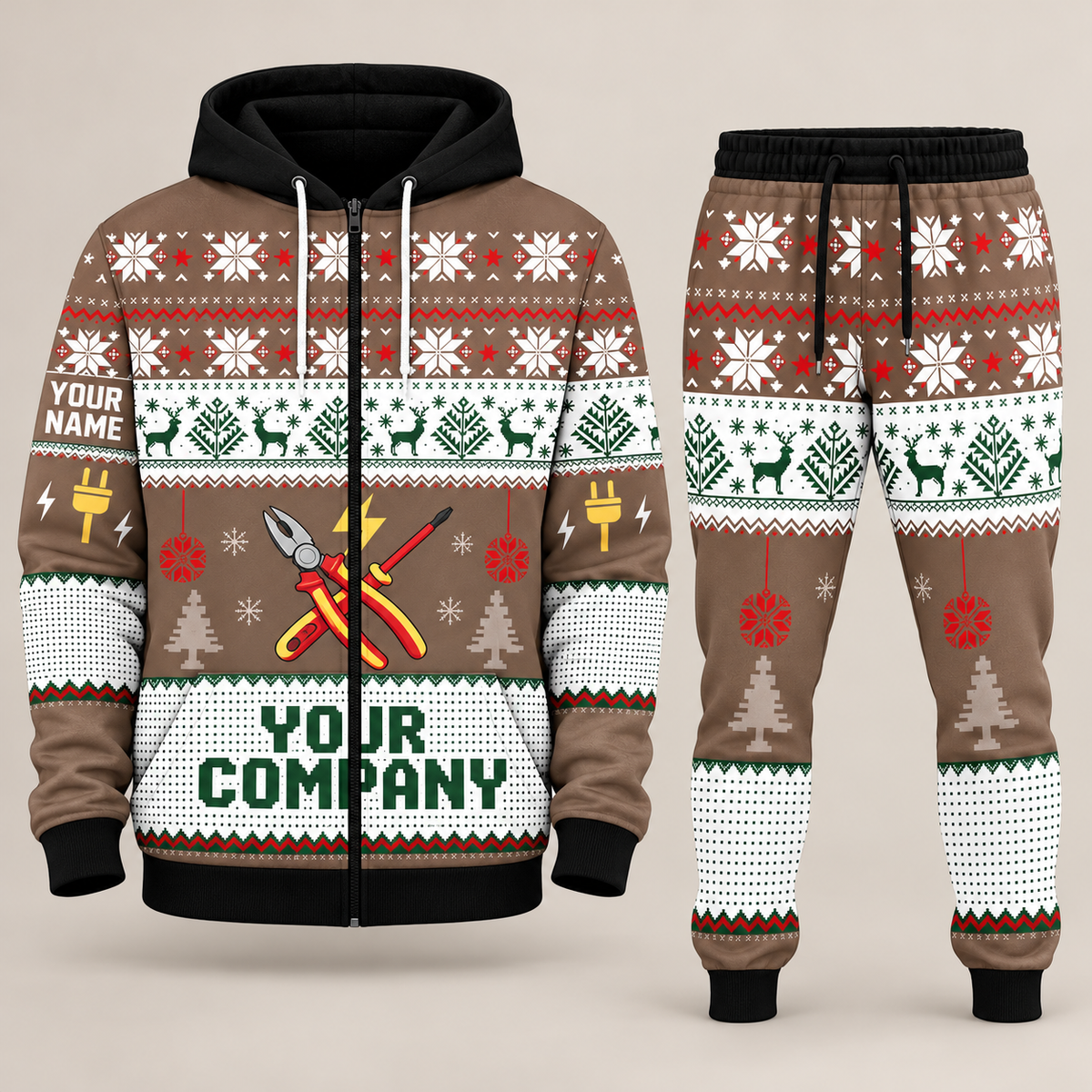 Electrician Christmas zip hoodie and jogger brown with custom name and company