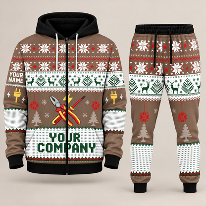 Electrician Christmas zip hoodie and jogger brown with custom name and company